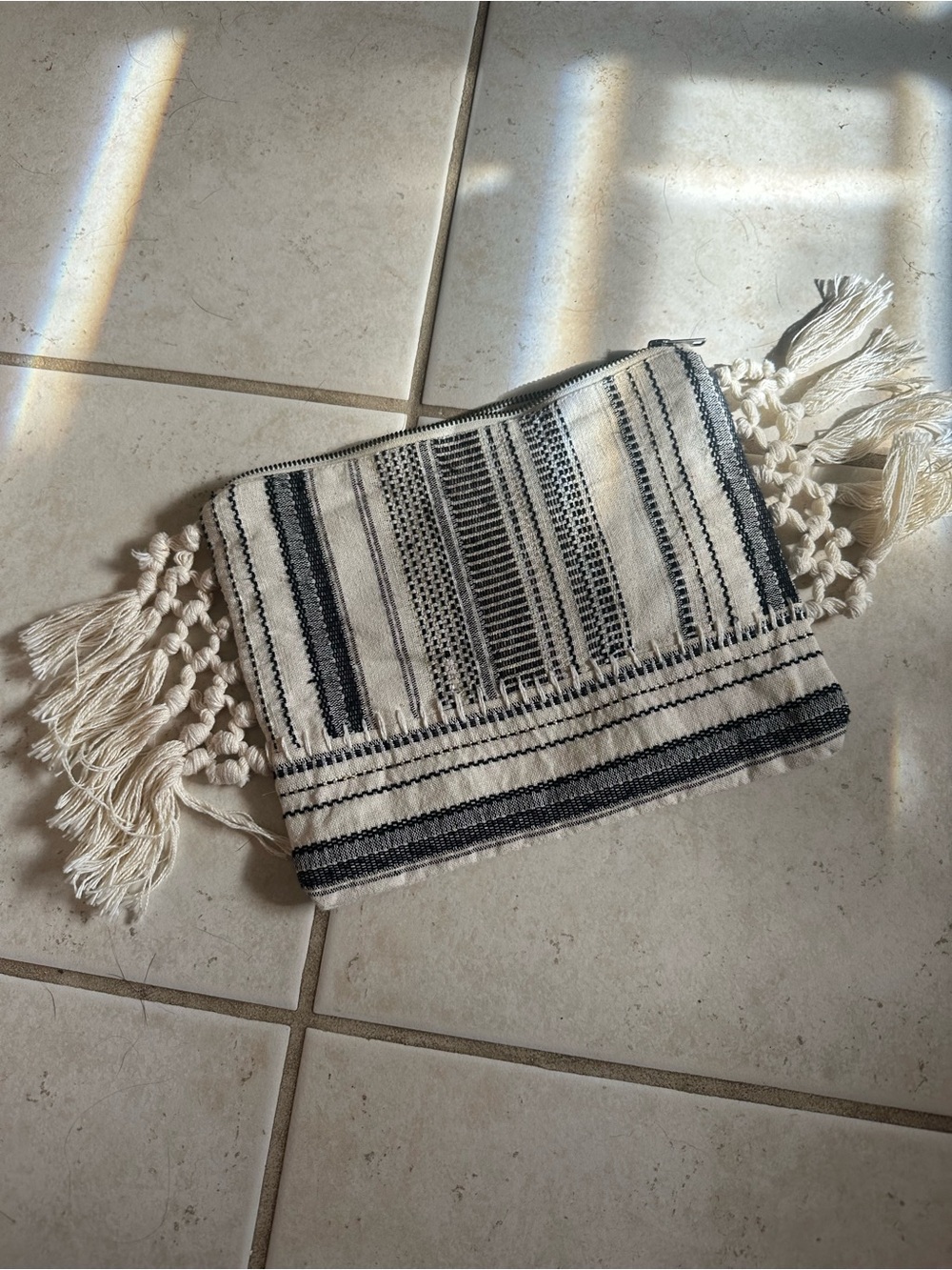 Amuse Society Cream and Black Woven Clutch with Fringe